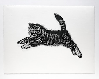 Geronimooooooo original linocut print, cute cat art