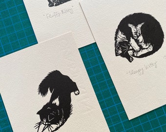 Set of three mini prints funny cat art cute cat art original linocut prints