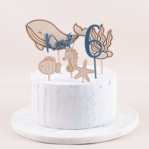 Caketopper Unterwasserwelt , Meerestiere Wal Seepferdchen Seestern ,Cake Topper mit Namen,  Kuchenstecker