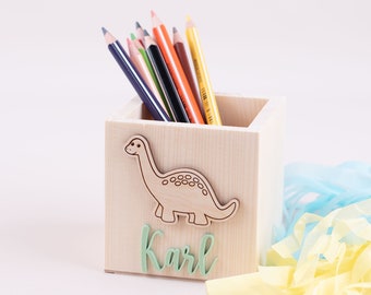 Personalisierter Stiftebecher aus Holz Dino , Stiftehalter  ,