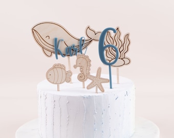 Caketopper underwater world, sea creatures whale seahorse starfish, cake topper with name, cake plug