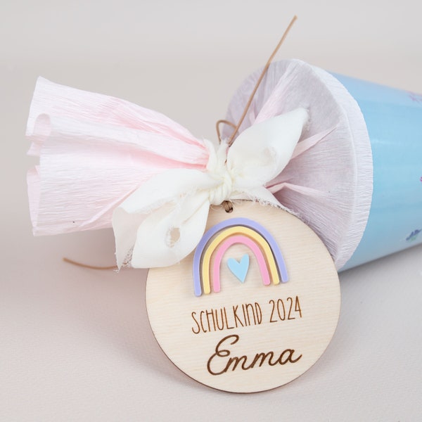 Etiqueta de cono escolar personalizada arco iris, cono escolar, etiqueta de regalo, regalo de inscripción escolar