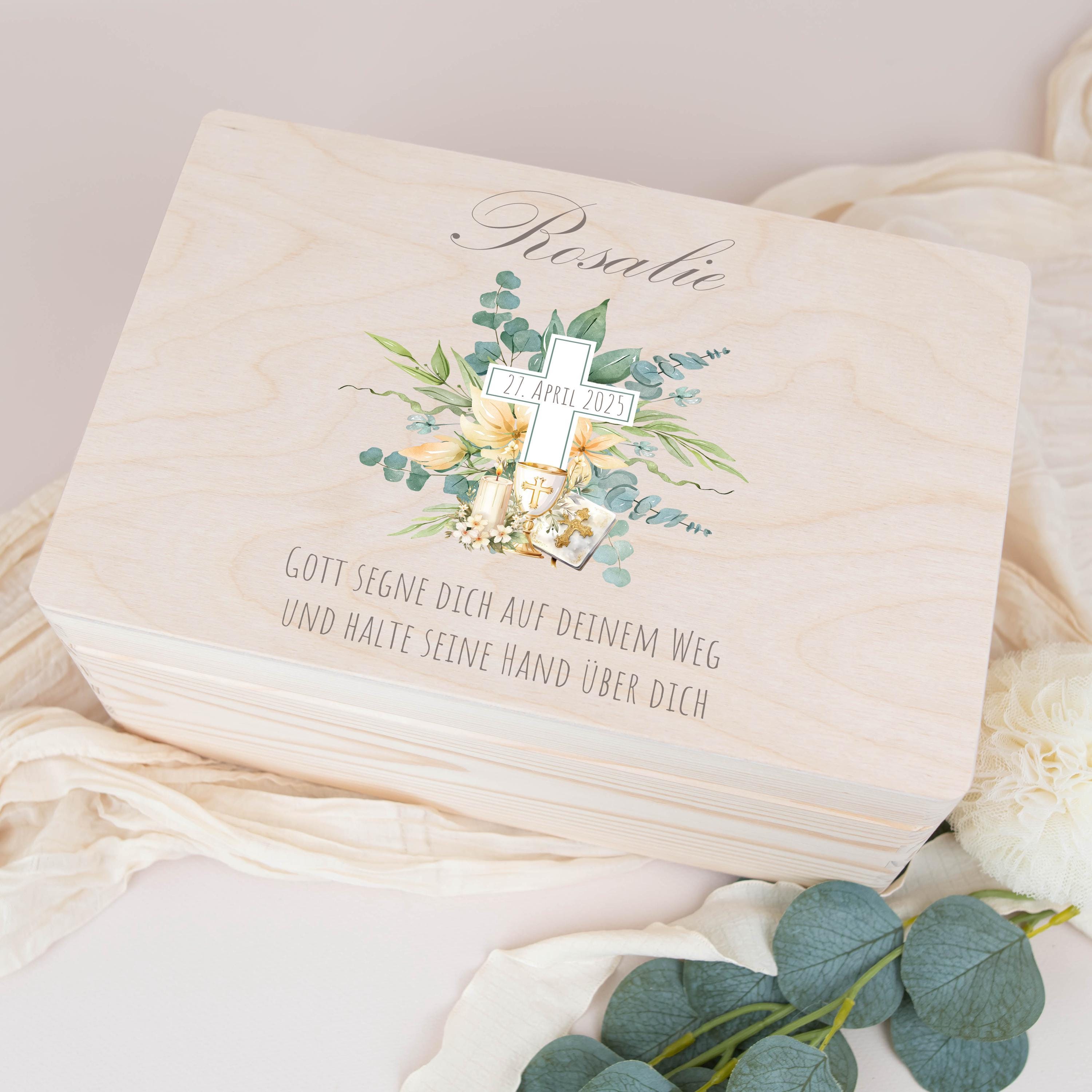 Creative Deco Prima Comunione Scatola di Regalo Personalizzato | Scatola della Memoria in Legno per Bambino/Bambina | Personalizzata - Calice e Colomba | Incisione | per Ragazzo e Ragazza | Addobbi