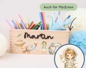 Personalized Astronaut Pen Holder, Wooden and Acrylic Desk Organizer with Name, Pen Cup for Back to School, School Gift for Schoolchildren, School Cone