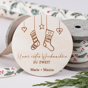 Personalized wooden pendants, Our first Christmas for 2, Christmas tree pendants with names, Family Christmas ball made of wood