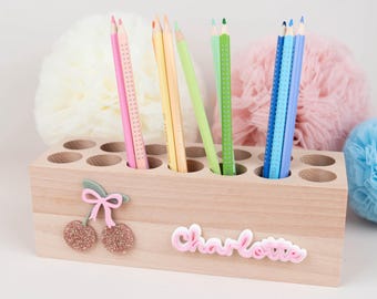 Personalized Cherry Pencil Holder with Name, Wooden Pencil Box for Girls, Pencil Holder, Desk Organizer, School Gift for Boys