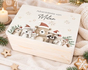 Personalized Advent box with name and animal design, wooden Advent calendar to fill, Christmas box for children
