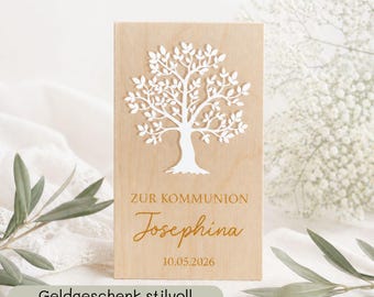 Personalized money gift box for First Communion, wooden box with engraving & acrylic tree, money gift for First Communion, gift for First Communion