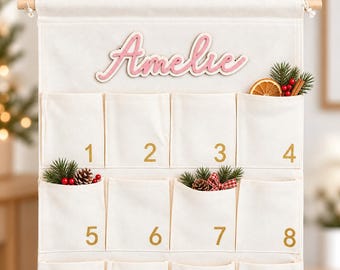 Personalized Advent calendar with name, fabric Advent calendar to fill with 24 pockets, wood & acrylic, children's Christmas calendar