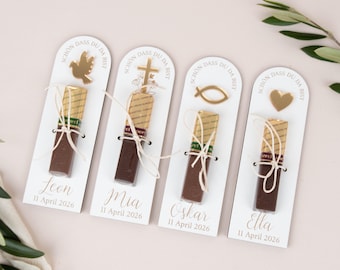 Personalized wedding favor for First Communion, thank you gift for guests, engraved wooden sign for Merci chocolates or lollipops, suitable for Baptism, Confirmation, and First Communion.