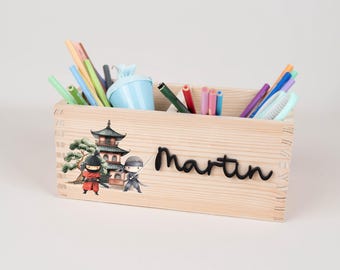 Personalized Ninja Samurai pencil holder with name, wooden desk organizer for boys, back-to-school gift, school cone gift