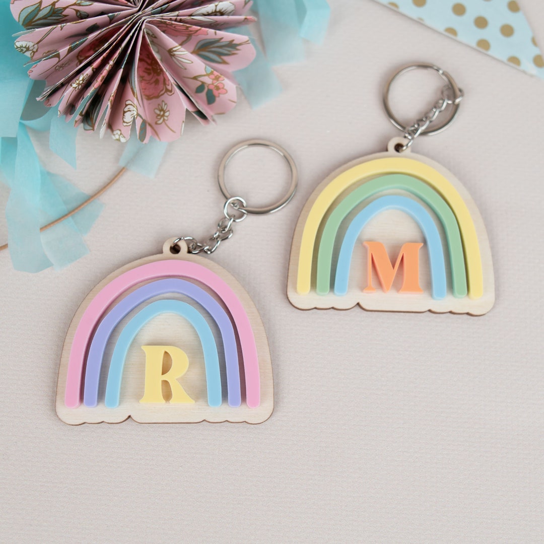 Name Keychain Rainbow Colorful Keychain With Rainbow Letters, School Cone Pendant, School ...