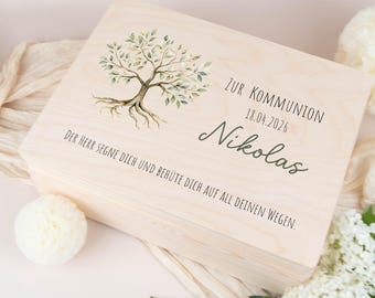 Personalized Communion gift, keepsake box with tree of life, wooden box with name, gift for First Communion girl boy