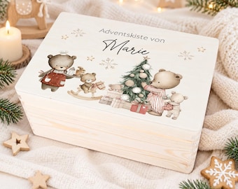 Personalized Advent box with bear name, wooden Advent calendar to fill, Christmas box for children