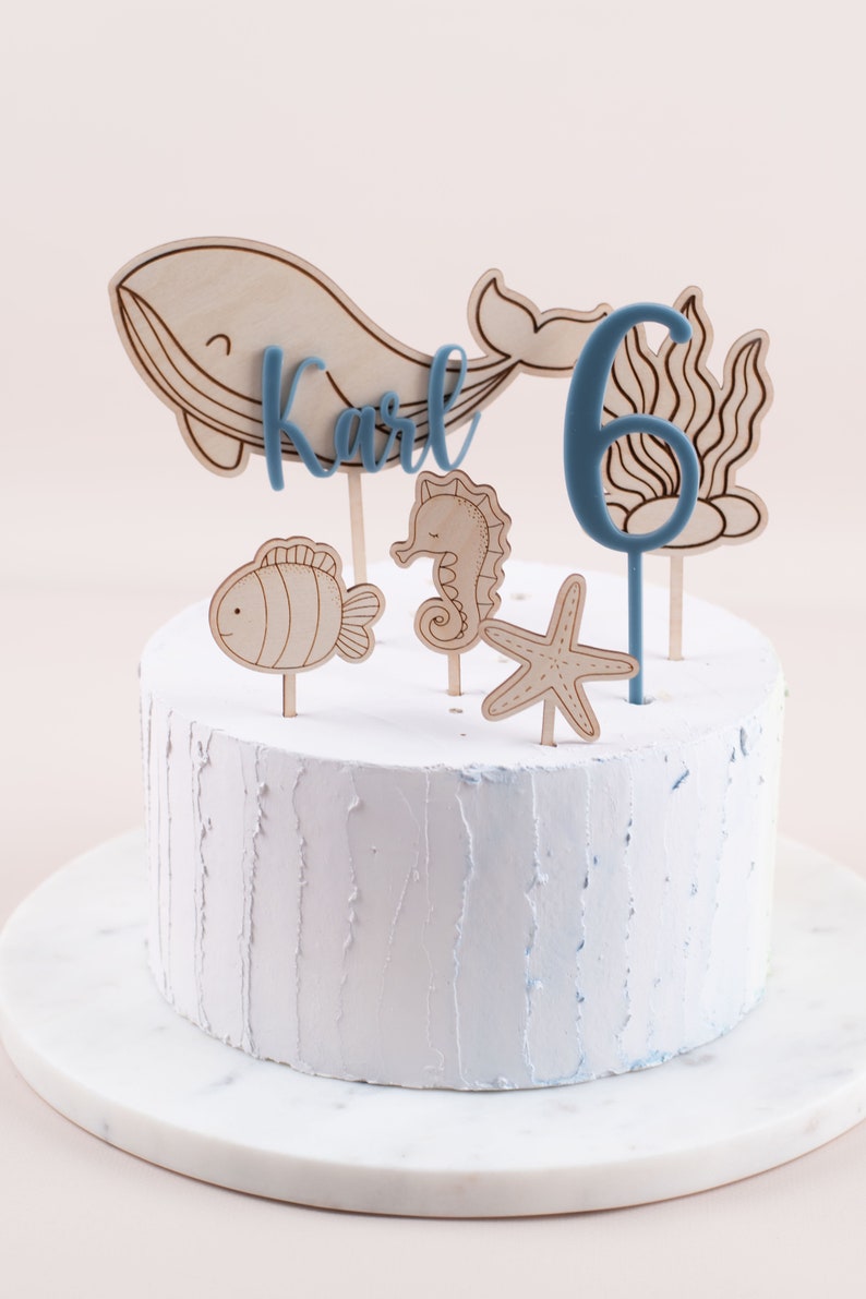 Caketopper underwater world, sea creatures whale seahorse starfish, cake topper with name, cake plug image 5