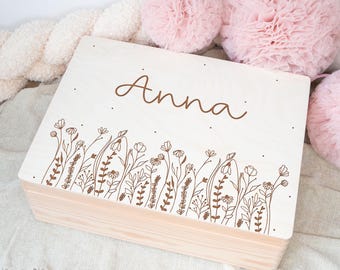 Caja de recuerdos para bebé con diseño de prado floral, caja de recuerdos para regalo de nacimiento, caja de recuerdos para bebé, regalo de bautizo, regalo personalizado con nombre