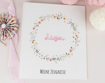 Personalized report card folder with floral wreath and name, ring binder for girls' first day of school, report card folder DIN A4, gift for starting school