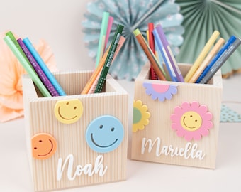 Personalized pencil holder, school cone gift, pencil holder with name for girls, back-to-school gift for boys, wooden pencil box for schoolchildren