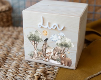 Money box with name, personalized wooden money box, baptism birthday gift, children's gifts, Christmas gift, forest animal motif