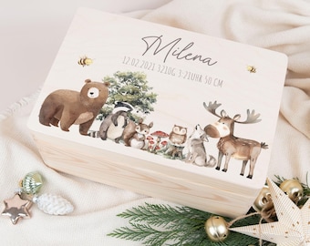 Caja de recuerdos de animales del bosque, caja de recuerdos para bebé, regalo de nacimiento, caja de recuerdos para bebé, regalo de bautizo, regalo personalizado con nombre