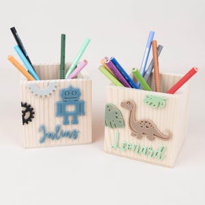Personalisierter Stiftehalter aus Holz Dino, Stiftebox mit Namen Roboter, Geschenk zur Einschulung Schultüte , Kinderzimmer Deko