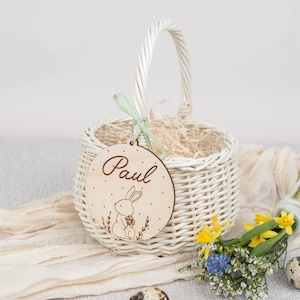 Easter basket with wooden sign, Easter basket, Easter basket for children, white Easter nest with pendant, Easter bunny