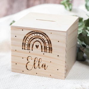 Personalisierte  Spardose, Holz Spardose , Spardose  mit Namen, Spardose Regenbogen