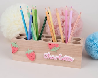 Strawberry-themed desk organizer with name, wooden pencil box for girls, pencil holder, schoolchild gift, first day of school