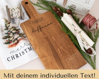 Personalisiertes Servierbrett aus Eiche, Einzugsgeschenk für Paare & Familien, Schneidebrett mit Namen als Geschenk Weihnachten