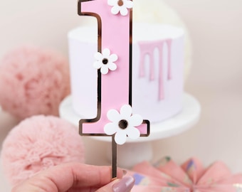 Cake topper for a 1st birthday, pink cake topper with flowers, cake decoration for girls
