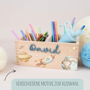 Gepersonaliseerde pennenhouder, houten bureau-organizer met acryl naam, pennenbeker voor de start van het schooljaar, schoolcadeau voor schoolkinderen, schoolkegel, jongens