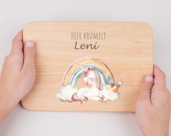 Personalisiertes Frühstücksbrett Einhorn Regenbogen , Holzbrettchen Namen, Geschenk Baby erster Geburtstag  Taufe, Weihnachtsgeschenk Kinder