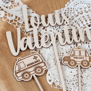 Taarttopper naam gepersonaliseerde set, taarttopper, taarttopper, ambulance, politietaartdecoratie, hulpverleningsvoertuigen