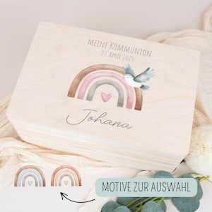 Caja de madera personalizada para comunión, caja de recuerdos de arcoíris, caja de recuerdos con nombre, regalo para niña y niño, regalo de bautismo