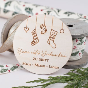 Personalized wooden pendants, Our first Christmas as a family of 3, Christmas tree pendants with names, Family wooden Christmas bauble