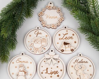 Pendentif de sapin de Noël personnalisé Pendentif de sapin de Noël avec le nom souhaité en bois, boule de Noël en bois, décoration de sapin de Noël