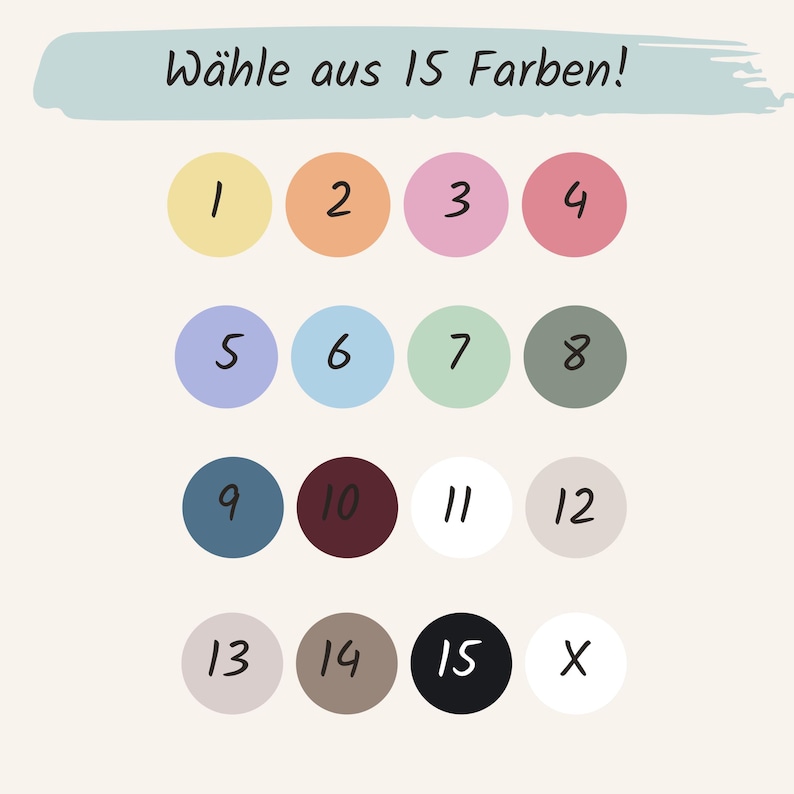 May include: A color palette chart with 15 different colors, numbered 1 through 15. The colors include yellow, orange, pink, red, blue, light blue, green, gray, teal, maroon, white, beige, light gray, brown, and black.