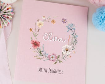 Personalized report card folder with floral wreath and name, ring binder for girls' first day of school, report card folder DIN A4, gift for starting school