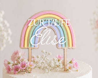 Rainbow cake topper for christening with name, personalized cake decoration for christening, cake topper for a girl's christening, christening cake decoration made of wood and acrylic