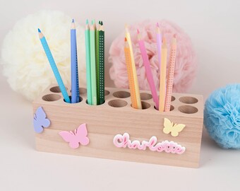 Butterfly desk organizer with name, beechwood pencil box for girls, pencil holder, schoolchild gift, first day of school