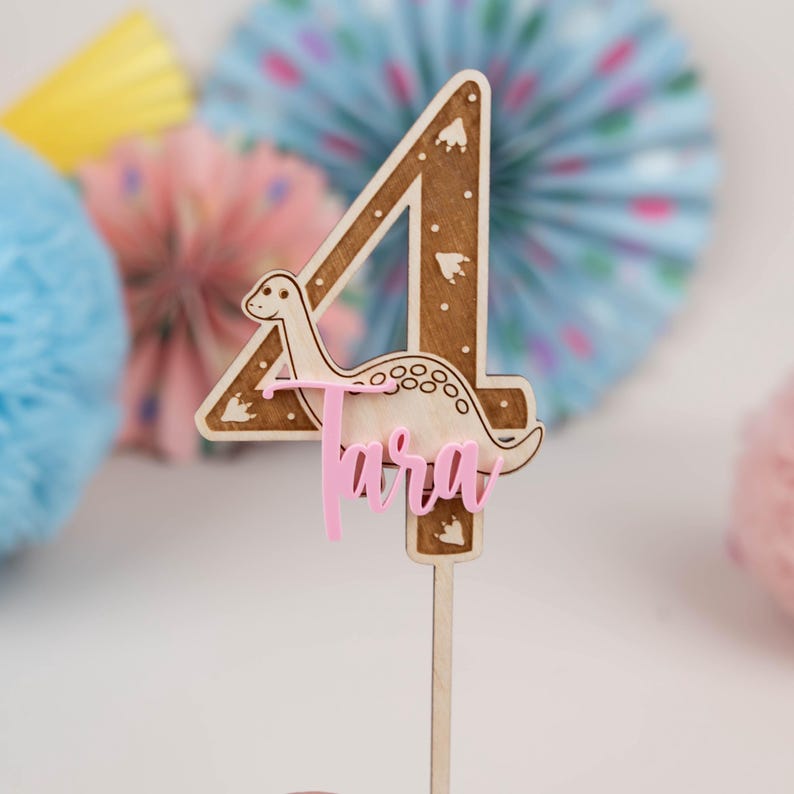 Personalized wooden dino cake topper with acrylic name – perfect for first birthdays and children's dino-themed parties image 2
