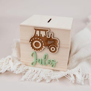 Personalisierte  Spardose aus Holz   , Spardose  mit Namen, Spardose Traktor  , Geschenk zur Geburt, Taufe oder Einschulung