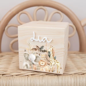 Hucha con nombre, hucha de madera personalizada, regalo de bautizo, regalo de cumpleaños, regalo para niños, regalo de Navidad, motivo safari.