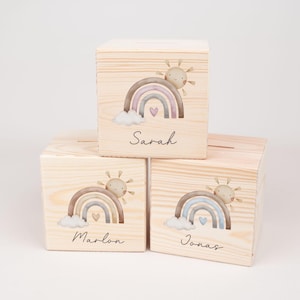 Spardose mit Namen Regenbogen , Holz Spardose personalisiert , Geschenk Taufe Geburtstag , Kinder Geschenke , Weihnachtsgeschenk ,