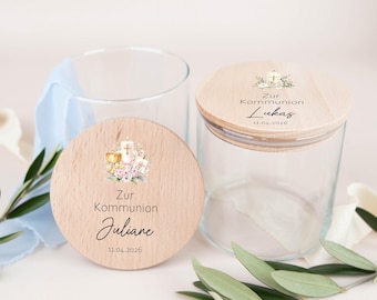 Personalized glass money gift for First Communion, storage jar with wooden lid, Communion gift chalice with candle, Confirmation gift