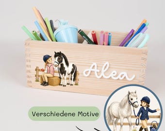 Personalized horse-themed pen holder, desk organizer with acrylic name, pen cup for a horse-loving girl starting school, school cone gift