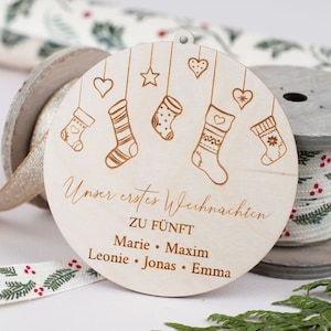 Personalized wooden pendants, Our first Christmas with 5, Christmas tree pendants with names, Family Christmas ball made of wood