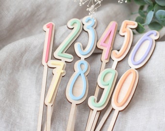 Conjunto de números coloridos acrílico de madera, marcador de pastel, topper de pastel número 0-9, topper de pastel
