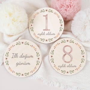 Cartes d'étapes en turc, étapes bébé, cadeau de naissance, disques en bois d'étapes, cadeau pour femme enceinte, bébé turc