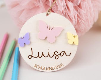 Personalized school cone charm with butterflies, back-to-school gift for girls, schoolchild 2026 name tag for school cone